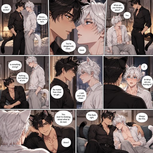 Create a high-quality full-color manga/manhwa sequence featuring TWO ADULT MALE CHARACTERS, both clearly over 18 years old.

Use my two uploaded images ONLY as visual references for the overall illustration approach: character proportions, expressive faces, detailed anime-style hair, cat ears, clean linework, polished cel shading, vivid colors, dramatic close-ups, manga panel composition, and expressive reaction shots.

IMPORTANT:
Both characters are adults.
Keep the same two characters recognizable and visually consistent throughout every image.
Maintain identical hairstyles, facial features, eye colors, body proportions, cat ears, and clothing design from scene to scene.

Create AT LEAST 10 separate images/panels with DIFFERENT poses, camera angles, expressions, and compositions.

SCENE / PANEL PLAN:

1. Full-body establishing shot:
Both adult characters standing close together, facing each other, strong eye contact, detailed room background, cinematic manga lighting.

2. Face-to-face close-up:
Very close framing of their faces, intense eye contact, slightly flushed cheeks, detailed eyes and hair, dramatic manga composition.

3. Character A sitting:
Character A sits on the edge of a bed while Character B stands nearby. Use a three-quarter camera angle and natural body language.

4. Character B sitting:
Reverse the previous composition. Character B sits while Character A stands beside him. Use a different camera angle.

5. Side-profile composition:
Both characters shown from the side, standing very close together. Emphasize silhouettes, facial expressions, hair, cat ears and clothing folds.

6. Over-the-shoulder shot:
Camera positioned behind Character A looking toward Character B. Character B has a surprised and embarrassed expression.

7. Reverse over-the-shoulder shot:
Camera positioned behind Character B looking toward Character A. Character A has a playful confident expression.

8. Dynamic seated pose:
Both characters sitting together on a sofa or bed, leaning