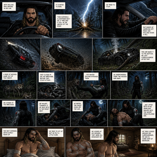 Seth Rollins was driving in his car,It started to rain outside.Then suddenly a lightning bolt hit a tree and it fell in the middle of the road.He Tried to stop…But ended up swerving off road and rolling down a hill.The car made it to the bottom,He lost consciousness after that.A pack of wolves came out of the forest,They closed in on the wreckage,Before they could attack…the winter soldier attacked them.He overpowered them,The wolves ran away.He looked at the wreckage,He walked towards it,He Sees Seth in the front seat,He ripped the front door off the car and lifted Seth in his arms and walked into the woods while holding him.The next morning,Seth slowly woke up,He tried to sit up but he felt a little sore.He looked at his wounds,They were all bandaged up.He then looked around his surroundings,He was In some sort of bedroom