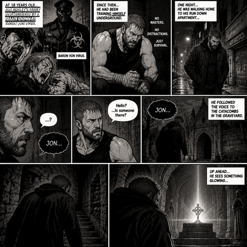 Jon Moxley as a vigilante born from tragedy. When he was 18 years old his family was murdered by a villain known as Baron Von Virus. Since then he had been training himself underground. One night he was walking home to his run down apartment…then he heard a mysterious voice call out his name. “Hello?…Is someone there?” Jon asked. It called out his name again. He followed the voice to the catacombs in the graveyard. Up ahead…He sees something glowing