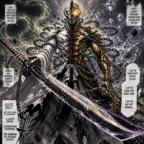 The Physique:
The spirit is towering, standing nearly eight feet tall, with a build that is deceptively lean yet corded with muscles that look like twisted steel cables. Its skin is not flesh, but a patchwork of textures:
   The left side of its body is covered in pristine, alabaster-white carapace, smooth and hard like the mask of a Vasto Lorde, reflecting the pale moonlight of the Hueco Mundo sector.
   The right side is clad in intricate, golden Quincy armor, geometric and sharp, composed of interlocking hexagonal plates that hum with faint, crackling energy.
   Running down the center, splitting these two halves, is a jagged seam of charred, black Hellstone. From this central fissure, thick, rusted chains erupt, wrapping around its torso and limbs like binding restraints that it wears voluntarily. Glowing crimson veins pulse beneath the stone, leaking a thin, dark smoke that smells of ancient sin.

The Face:
Where a face should be, there is a terrifying synthesis. The lower half is concealed by a bone-white Hollow mask fragment, shaped like a snarling jaw with four long fangs protruding upward. Above this, where eyes would be, there are no pupils or irises. Instead, there are two hollow sockets filled with swirling nebulae:
   The left socket swirls with toxic green gas (Hollow).
   The right socket burns with blinding gold light (Quincy).
   In the bridge of the nose, a single vertical slit glows crimson red (Hell), acting as a third eye that seems to look directly into your intent rather than at your form.

The Attire:
It wears a tattered shihakushō that seems to be dissolving and reforming constantly. The fabric on the sleeves is white silk, while the hem is made of dark, shadowy rags that drag across the Hellstone ground, turning to ash and regrowing instantly. Over this, it wears a cloak made entirely of floating, disconnected chain links that hover inches off its shoulders, clinking softly with every breath it takes.

The Weapon:
In its hands, it holds a massive version of your Zanpakutō. The blade is translucent, showing the three layers of matter inside: a core of black rock, a middle layer of flowing liquid light, and an edge of pure, vacuum-like darkness. The hilt is wrapped in bandages that are stained with blood that never dries.

The Aura:
Surrounding the spirit is a visible distortion. To your left, the air shimmers with heat haze (Hollow pressure). To your right, the air crystallizes into tiny diamond dust (Quincy pressure). Directly around the figure, gravity seems heavier, pulling small pebbles of Hellstone up into the air before crushing them back down.

The spirit shifts its weight, and the sound is deafening—a mix of a lion's growl, a bowstring snapping, and the grinding of tectonic plates