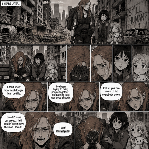 It’s a zombie apocalypse,It’s been that way for 6 years,Becky lynch is surviving with two people,A teenager named Raven and a little girl named Sophie. They used to be part of a group…but they got wiped out by Bandits and Zombies,Becky,Raven and Sophie were the only ones that managed to escape. They’re currently walking in the city. They sat down on a bench to take a break. They were silent for a while. Then…Becky started to cry. Raven and Sophie were concerned. “I don’t know how much longer I can do this” Said Becky. “I’ve been trying to bring people together…but nothing I did was good enough” Becky continued. “I’ve let you two down…I let everybody down” Becky continued. “I couldn’t save our group…hell i couldn’t even save the man I loved!!…I can’t save anyone!” Becky continued. Becky continued to cry