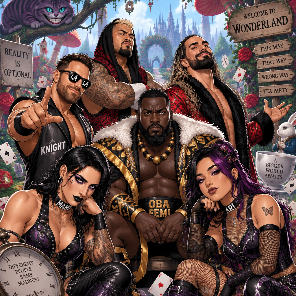 LA Knight,Solo Sikoa,Seth Rollins,Oba Femi,Rhea Ripley and Ari Stone (My Female wrestler oc) in Wonderland