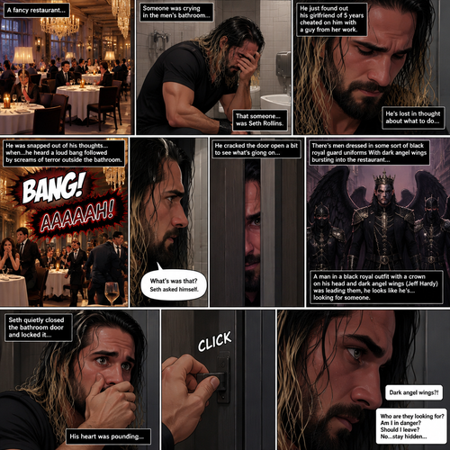 There’s a fancy restaurant,Someone was crying in the men’s bathroom,That someone…was Seth Rollins. He just found out his girlfriend of 5 years cheated on him with a guy from her work. He’s lost in thought about what to do,He was snapped out of his thoughts…when….he heard a loud bang followed by screams of terror outside the bathroom. “What’s was that?” Seth asked himself. He cracked the door open a bit to see what’s going on,There’s men dressed in some sort of black royal guard uniforms With dark angel wings bursting into the restaurant…wait…Dark angel wings?! A man in a black royal outfit with a crown on his head and dark angel wings (Jeff Hardy) was leading them,he looks like he’s…looking for someone. Seth quietly closed the bathroom door and locked it,His heart was pounding