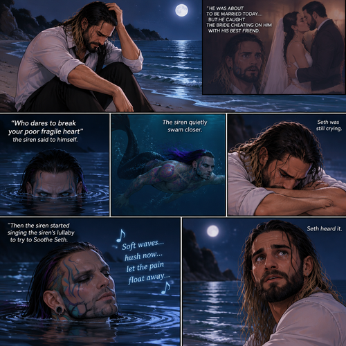 Seth Rollins was on a beach alone at night crying. He was about to be married today….but he caught the bride cheating on him with his best friend. He’s lost in thought about what to do,Little did he know…..A siren (Jeff Hardy) was watching him in the water. “Who dares to break your poor fragile heart” the siren said to himself. The siren quietly swam closer. Seth was still crying. Then the siren started singing the siren’s lullaby to try to Soothe Seth. Seth heard it.