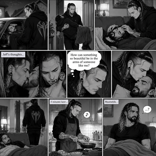 (Part 5 of the Vampire x human story) Jeff Hardy arrives at his house. He walks to the passenger side and gently lifts the sleeping Seth Rollins in his arms. He walks inside,Then he gently put Seth on his couch. He gently stroked Seth’s hair. Then he thought about that moment in Jeff’s office,The kiss and himself sinking his fangs into Seth’s neck. “How can something so beautiful be in the arms of someone like me?” Jeff asked himself. He gently kissed Seth’s forehead,Then he got up and walked to the kitchen. 5 minutes later,Jeff was making dinner and humming a tune. Meanwhile,Seth slowly woke up,He sat up and looked at his surroundings