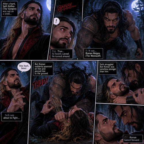 (Part 1 of the Werewolf x Vampire story). Seth Rollins (The Vampire) was out on a stroll after a hunt,Then…he heard a growl. He turned around, It was…Roman Reigns (The werewolf). Seth was about to fight,But Roman suddenly pounced on him and pinned him to the ground. Seth struggled But Roman was somehow stronger than him. Roman leaned forward 