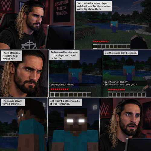 Seth Rollins was playing Minecraft alone on his computer,Then he noticed something. There was a player with a default skin,His back faced Seth. The strange part about it…was there was no name tag above the player. Seth was getting suspicious. He moved his character to the player,Then he typed in the chat bar “Hello?”. The player didn’t respond. Seth typed in the chat bar again “Who are you?”. The player slowly turned around….it wasn’t a player at all….It was Herobrine