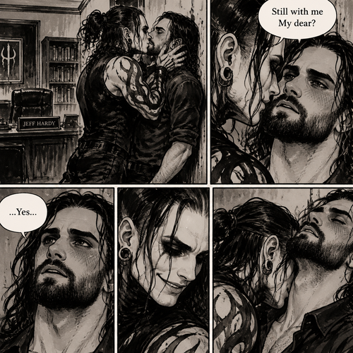 (Part 4 of the Vampire x human story). Still in Jeff Hardy’s office. Jeff was still Kissing Seth Rollins against the wall. After about a minute,Jeff pulled away. Jeff whispered in Seth’s ear “Still with me My dear?” Jeff asked softly. “…Yes…” Seth said softly. Jeff grinned. He leaned forward to Seth’s neck. Seth blushed