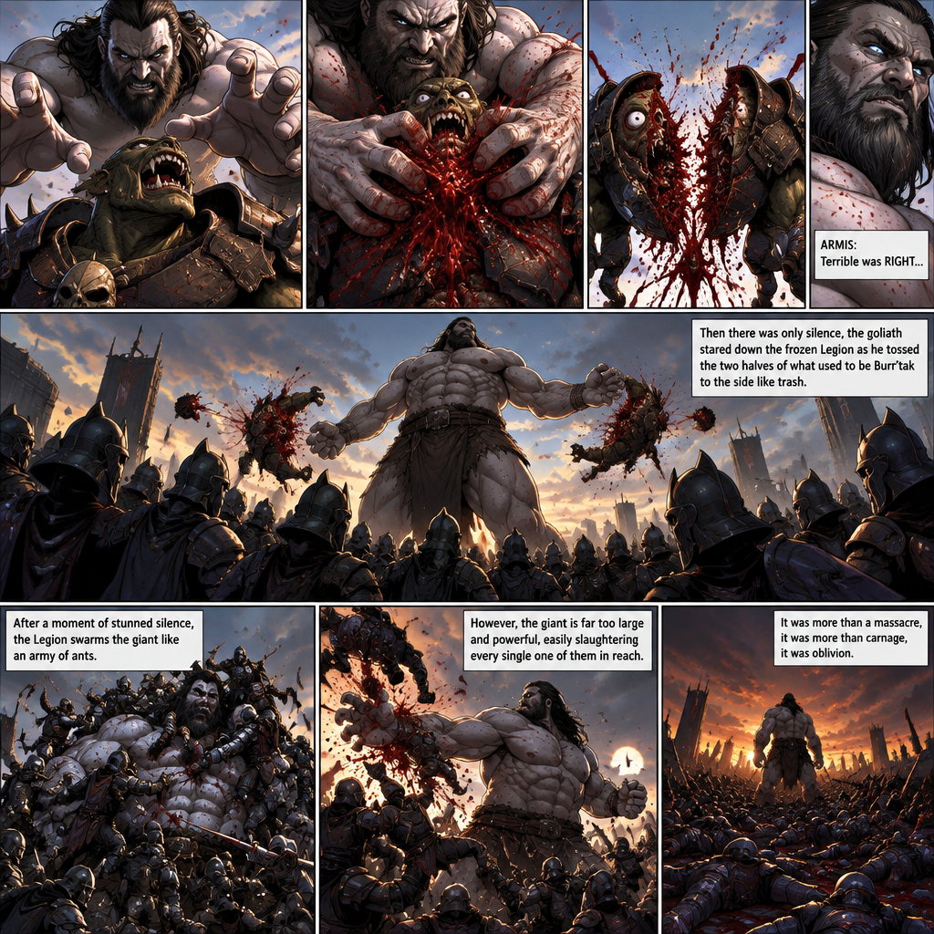 In an instant, the goliath blitzed forward, digging all 10 of his giant fingers into Burr’tak. He was still laughing when the giant’s fingers plunged into him—ten cold knives. Burr’tak’s laughter choked to a wet gasp and was ripped clean in half.
ARMIS: Terrible was RIGHT…
Then there was only silence, the goliath stared down the frozen Legion as he tossed the two halves of what used to be Burr’tak to the side like trash. After a moment of stunned silence, the Legion swarms the giant like an army of ants. However, the giant is far too large and powerful, easily slaughtering every single one of them in reach. It was more than a massacre, it was more than carnage, it was oblivion.