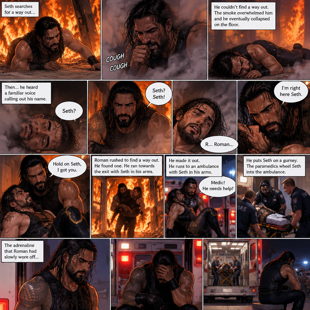 Seth Rollins is in a burning building,He tries to find a way out,he couldn’t find a way out. He was coughing because of the smoke,He eventually collapsed on the floor. Then…he heard a familiar voice calling out his name,he slowly opened his eyes…it was Roman Reigns. He weakly called out Roman’s name. Roman rushed towards Seth. “I’m right here Seth” Said Roman. He lifted Seth in his arms. “Hold on Seth,I got you” Roman said to Seth. He rushed to find a way out,he found one. He ran towards the exit with Seth in his arms,He made it out. He runs to an ambulance with Seth in his arms. “Medic! He needs help!” Roman yelled. He puts Seth on a gurney. The paramedics wheel Seth into the ambulance. The adrenaline that Roman had Slowly wore off