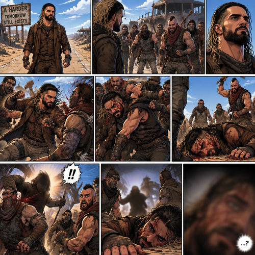 Seth Rollins is a wasteland wonderer,He was just walking down the road. Then suddenly….A group of bandits appeared. Seth stood his ground. Then….the bandits attacked and Seth fought back. He fought back as hard as he could…but eventually he was overpowered. The bandits beat him up really badly. One of them was about to finish him off…but before that happened…..One of the bandits got attacked. The bandits let go of the weakened and Injured Seth and focused on their attacker. Seth’s vision was a bit blurry,he couldn’t see who was attacking the bandits