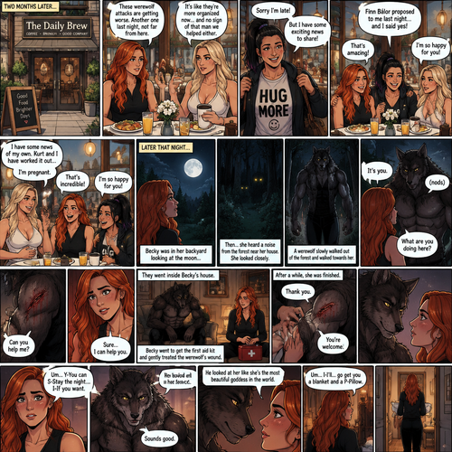 (Part 2 of the Werewolf X human story). It’s been two months since the night Becky Lynch and Her friends Charlotte Flair and Bayley saved the Man (Seth Rollins). They haven’t seen him since. Becky and charlotte were having brunch at a cafe,They were talking about the recent werewolf attacks. Then Bayley showed up late….with a happy grin on her face. She apologized for being late and sat at the table. Then she said she’s has some exciting news to share with the two of them….Finn Bálor proposed to her last night…and she said yes. Becky and Charlotte were happy and excited for Bayley. Then Charlotte said she’s has some news of her own. She and her husband (Kurt Wagner a.k.a nightcrawler) have worked it out…and She’s pregnant. Becky and Bayley were happy and excited for Charlotte. Later that night,Becky was in her backyard looking at the moon…then…She heard a noise from the forest near her house. She looked closely. A pair of Yellow eyes were looking at her. A werewolf slowly walked out of the forest and walked towards her. Her heart was pounding. The werewolf stood in front of her. She….recognized those eyes….it was the man Becky and the girls saved two months ago. “It’s you” said Becky. He nodded. “What are you doing here?” Becky asked. He shows her the wound on his arm…then he spoke “Can you help me?”. Becky looked at the wound. “Sure…I can help you” Said Becky. They went inside Becky’s house. Becky went to get the first aid kit and the werewolf sat down on the couch. She came back and gently treated the werewolf’s wound. After a while,she was finished. “Thank you” the werewolf said softly. “You’re welcome” Becky said softly. They stared at each other. “Um….Y-You can S-Stay the night…I-If you want” Becky said Nervously. “Sounds good” the werewolf said softly. He looked at her like she’s the most beautiful goddess in the world. “Um…I-I’ll..go get you a blanket and a P-Pillow” Becky said nervously. She goes to get him a blanket and a pillow