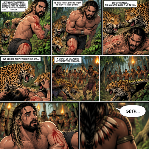 (Recap) Seth Rollins was on a cruise,then one night Thunder came,Seth got up from bed,The ship was rocking against the waves,Seth fell overboard,He swam as best he could,A wave crashed down on him,Everything went black,A few hours later,Seth woke up on shore,He was on an island,8 days have passed,He was still on the island,He walked to the jungle for more food,Then a group of jaguars attacked him,They bit him in the arm and leg,He managed to yank them off him and ran. (And now part 3). Seth was still running from the jaguars. He was bleeding from his wounds and his heart was pounding rapidly,He was tired but he knew he had to keep going. Unfortunately the jaguars caught up to him….but before they finished him off….a group of villagers attacked the Jaguars. A familiar Voice called Seth’s name