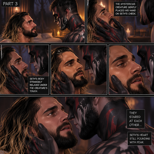 (Recap). Seth Rollins was taken from his tent by the mysterious creature (Finn Bálor) while he was asleep,The next morning,Seth’s group woke up and noticed Seth was gone and started looking for him,Meanwhile,Seth was asleep in some sort of bed,Then he woke up. He was confused,He was in some sort of bedroom,He got up and slowly walked towards the door,Before he touched the door handle…the door opened…the mysterious creature was standing there,Seth’s eyes widened,He stumbled backwards in fear,The mysterious creature walked closer to Seth,He reached towards Seth,Seth’s heart was pounding with fear,He thought the mysterious creature was gonna a hurt him….But….he didn’t…he just gently took his hand and gently pulled him up,They stared at each other,Seth’s heart still pounding with fear. (And now part 3). They’re still staring at each other. The mysterious creature gently placed his hand on Seth’s cheek. Seth’s body strangely relaxed under The creature’s touch