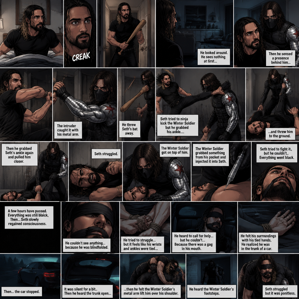 (Recap). Seth Rollins was in his house about to go to bed then he heard a noise downstairs,He grabbed his bat and went to investigate,He looked around He sees nothing at first,Then he sensed a presence behind him,He swung the bat and the intruder but the intruder caught it with his metal arm,That’s right it’s the winter soldier,He threw Seth’s bat away,Seth tried to ninja kick the winter soldier but he grabbed his ankle and threw him to the ground,Then he grabbed he grabbed Seth’s ankle again and pulled him closer,Seth struggled,The winter soldier got on top of him,Seth kept struggling,The winter soldier grabbed something from his pocket and injected it into Seth,Seth tried to fight it,but he couldn’t,Everything went black. (And now part 2). A few hours have passed,Everything was still black,Then…Seth slowly regained consciousness. He couldn’t see anything…because he was blindfolded. He tried to struggle…but it feels like his wrists and ankles were tied…well because they were. He tried to call for help…but he couldn’t…Because there was a gag in his mouth. He felt his surroundings with his tied hands,He realized he was in the trunk of a car. Then…the car stopped. It was silent for a bit. Then he heard the trunk open,then he felt the winter soldier’s metal arm lift him over his shoulder. He heard the winter soldier’s footsteps. Seth struggled but it was pointless