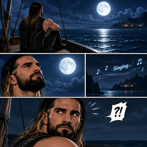 Seth Rollins was alone on a boat at night,He looked at the moon. Then….he heard…singing
