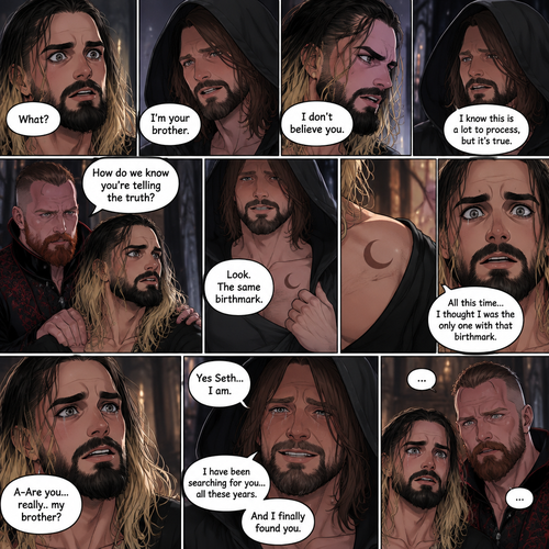 (Recap) Seth Rollins (The vampire hunter turned Bride of the vampire king) was looking at himself in the mirror reeling in the fact that he’s getting married to the vampire king next week,his heart knows that,Then he saw a mysterious figure (Aj Styles) who was standing right behind him in the reflection,Jon Moxley (The vampire king) was handling the wedding preparations,then he heard a loud crash and Seth yelling “LET ME GO!!!” In the bedroom,he used his vampire speed to rush to the bedroom,The mysterious figure tries to drag Seth out the window,Seth struggles,Jon arrives just in time and attacks the mysterious figure,after that he rushes to Seth to see if he’s ok,the mysterious figure slowly gets up,Jon is about to attack,Then the mysterious figure spoke “Wait!”,”Seth…please listen to me,Seth was confused by how the man knew his name,The mysterious figure takes off his hood and drops a bombshell “My name is Aj…I’m your brother Seth,Jon and Seth were shocked by what he said. (And now part 7). Seth was stunned. “What?” Seth asked. “I’m your brother” said Aj. Seth shook his head a little. “I don’t believe you” Said Seth. “I know this is a lot to process,but it’s true” said Aj. Jon gently pulled Seth to his side. “How do we know you’re telling the truth?” Jon asked cautiously. Aj shows his birthmark,It’s the shape of a crescent moon…just like Seth’s. Seth was stunned,All this time….he thought he was the only one with that birthmark. “A-Are you…really..my brother?” Seth asked. “Yes Seth…I am” said Aj. “I have been searching for you…all these years” Aj paused,Tears welling up in his eyes. “And I finally found you” Aj continued. Seth didn’t know what to say,Neither did Jon