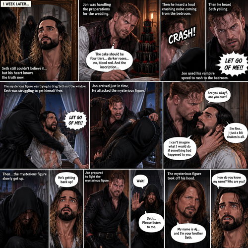 (Recap)Jon Moxley (The vampire king) and Seth Rollins (The vampire hunter…well now The bride Of Jon Moxley) were at the royal feast,Seth was stunned because Jon announced that Seth was his bride,Jon also said that the wedding would take place in 2 weeks,Seth just sat there stunned,Jon sat down and wrapped his arm around Seth and pulled him close,He gently kissed Seth’s forehead,Seth’s heart fluttered,Jon heard it and said “you’re cute,My little hunter”. (And now part 6). 1 week had passed,the wedding was coming up next week. Seth still couldn’t believe it…but his heart knows the truth now. Jon was handling the preparations for the wedding. Seth was looking in the mirror…then he saw a shadowy figure in the reflection…someone was right behind him. Jon was trying to figure out some details for the wedding cake….Then he heard a loud crashing noise coming from the bedroom,Then he heard Seth yelling “LET GO OF ME!!”. Jon used his vampire speed to rush to the bedroom. The mysterious figure was trying to drag Seth out the window. Seth was struggling to get himself free. Jon arrived just in time,He attacked the mysterious figure. Once the mysterious figure was knocked out Jon rushed over to Seth. “Are you okay?,are you hurt?” Jon asked “I’m fine..j-just a bit shaken is all” said Seth. Jon gently held Seth. “I can’t imagine what I would do if something bad happened to you” Said Jon. Then….the mysterious figure slowly got up. Seth noticed. “He’s getting back up!” Seth said to Jon. Jon prepared to fight the mysterious figure. “Wait!” Said the mysterious figure. The mysterious figure looked at Seth. “Seth…Please listen to me” said the mysterious figure. Seth was confused. “How do you know my name? Who are you?” Seth asked. The mysterious figure (Aj Styles) took off his hood. “My name is Aj…and I’m your brother Seth” said Aj