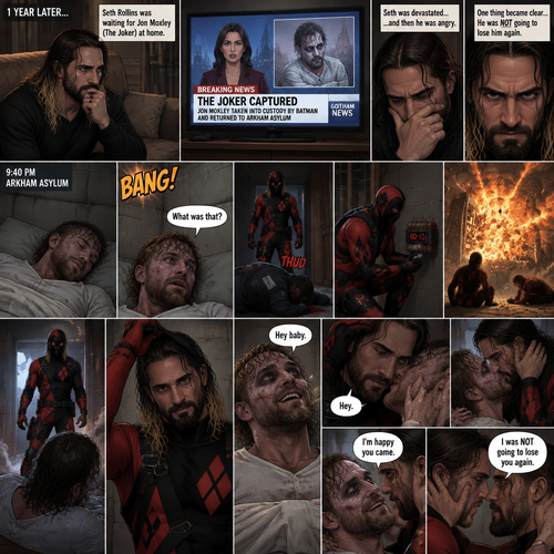 (Part 4 of the Joker x Harlequin story). 1 year later,Seth Rollins was waiting for Jon Moxley (The Joker) at home. Then a news report came on saying that Jon was captured by Batman and was sent back to the asylum. Seth was devastated…and then he was angry. One thing became clear…He was NOT going to lose him again. 9:40 pm,Jon was asleep in his padded room in the asylum…then he heard a loud Bang. He jolted awake. “What was that?” Jon asked himself,Then he saw one of the guards get taken out. There was a man in a red and black Harlequin costume,He was wearing a mask. Jon was confused. The Harlequin man put a bomb on the cell door,then activated it and took cover. Jon took cover as well. The bomb went off,blowing the door off. The harlequin man walked in. Jon looked up at him. The harlequin man took off his mask,It was Seth. Jon was happy. “Hey baby” Said Jon. “Hey” Said hey. They kissed. “I’m happy you came” Said Jon. “I was NOT going to lose you again” said Seth