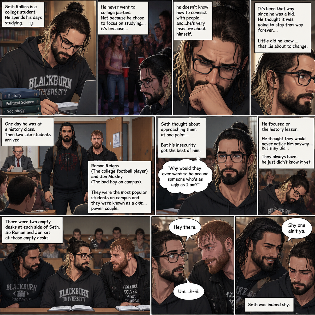 Seth Rollins is a college student. He spends his Seth Rollins is a college student. He spends his days studying,He never went to college parties. Not because he chose to focus on studying….it’s because…he doesn’t know how to connect with people…and…he’s very insecure about himself. It’s been that way since he was a kid. He thought it was going to stay that way forever….little did he know….that…is about to change. One day he was at a history class,Then two late students arrived. Roman Reigns (The college football player) and Jon Moxley (The bad boy on campus). They were the most popular students on campus and they were known as a power couple. Seth thought about approaching them at one point….But his insecurity got the best of him. “Why would they ever want to be around someone who’s as ugly as I am?” Seth thought to himself. He focused on the history lesson. He thought they would never notice him anyway….but they did…They always have…he just didn’t know it yet. There were two empty desks at each side of Seth,So Roman and Jon sat at those empty desks. Seth noticed and was surprised. “Hey there” Jon said. Seth was nervous. “Um…h-hi” Seth said nervously. “Shy one ain’t ya” Said Roman. Seth was indeed shy.