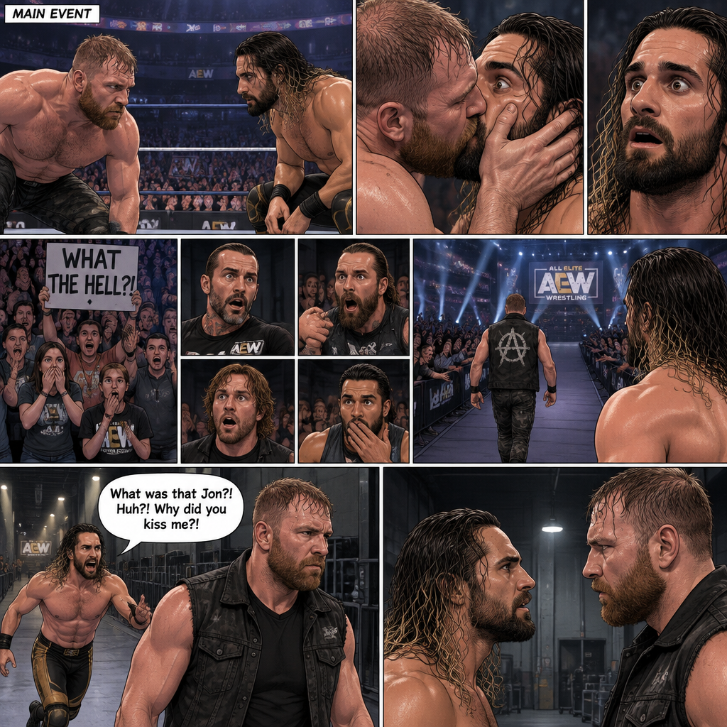 Jon Moxley and Seth Rollins were in a match against each other. It’s the main event. It seemed like it was gonna go on for a while…but then….something unexpected happened. Jon cupped his hands on Seth’s face….pulled him in…and kissed him. Seth’s eyes widened,The fans went crazy with shock,even some of the superstars that were watching were shocked. Jon then pulled away. Seth just stood there stunned. Jon didn’t say a word,he walked out of the ring and walked up the ramp. Seth eventually snapped out of it and left the ring to run to Jon. He managed to catch up to him. “What was that Jon?! Huh?! Why did you kiss me?!” Seth asked. Jon stopped walking and looked at Seth