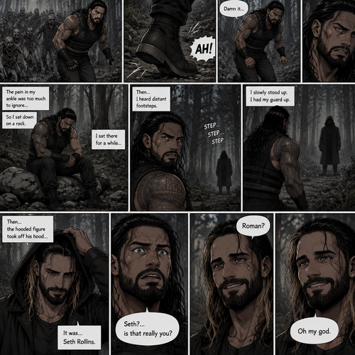 Roman Reigns is in a zombie apocalypse,He walking in the woods. He hurt his ankle while running away from a zombie horde. He’s far away from them and limping in the woods. The pain in his ankle was too much to ignore so he sat down on a rock,he sat there for a while….then….he heard distant footsteps. He looked behind him. There’s a hooded figure in the distance. He slowly stood up,he had his guard up. The hooded figure stopped walking. They were silent for a while. Then….the hooded figure took off his hood…it was….Seth Rollins. “Roman?” Said Seth. Roman’s eyes widened. “Seth?…is that really you?” Roman asked. Seth slowly smiled with joy. “Oh my god” Seth said softly