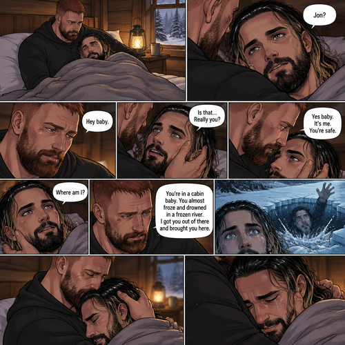 (The monster apocalypse/Moxollins story part 3). The next morning,Seth Rollins was Still unconscious on the bed in the cabin with the blanket wrapped around him to keep him warm. Jon Moxley had been watching over him Still holding him in his arms. Then Seth slowly regained consciousness,The first thing he sees is Jon looking down at him,Then he spoke softly “Jon?”. “Hey baby” Jon said softly. “Is that…Really you?” Seth asked softly. Jon gently stroked Seth’s cheek. “Yes Baby,It’s me,You’re safe” Jon said softly. “Where am I?” Seth asked softly. “You’re in a cabin Baby,You almost froze and drowned in a frozen river,I got you out of there and brought you here” Jon said Softly. The memory of fall through the ice and almost drowning in the freezing water flashed in Seth’s mind. Jon gently hugged him. Then…Seth started crying