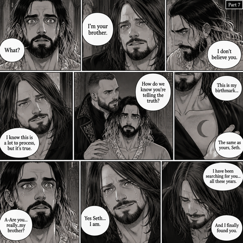 (Recap) Seth Rollins (The vampire hunter turned Bride of the vampire king) was looking at himself in the mirror reeling in the fact that he’s getting married to the vampire king next week,his heart knows that,Then he saw a mysterious figure (Aj Styles) who was standing right behind him in the reflection,Jon Moxley (The vampire king) was handling the wedding preparations,then he heard a loud crash and Seth yelling “LET ME GO!!!” In the bedroom,he used his vampire speed to rush to the bedroom,The mysterious figure tries to drag Seth out the window,Seth struggles,Jon arrives just in time and attacks the mysterious figure,after that he rushes to Seth to see if he’s ok,the mysterious figure slowly gets up,Jon is about to attack,Then the mysterious figure spoke “Wait!”,”Seth…please listen to me,Seth was confused by how the man knew his name,The mysterious figure takes off his hood and drops a bombshell “My name is Aj…I’m your brother Seth,Jon and Seth were shocked by what he said. (And now part 7). Seth was stunned. “What?” Seth asked. “I’m your brother” said Aj. Seth shook his head a little. “I don’t believe you” Said Seth. “I know this is a lot to process,but it’s true” said Aj. Jon gently pulled Seth to his side. “How do we know you’re telling the truth?” Jon asked cautiously. Aj shows his birthmark,It’s the shape of a crescent moon…just like Seth’s. Seth was stunned,All this time….he thought he was the only one with that birthmark. “A-Are you…really..my brother?” Seth asked. “Yes Seth…I am” said Aj. “I have been searching for you…all these years” Aj paused,Tears welling up in his eyes. “And I finally found you” Aj continued