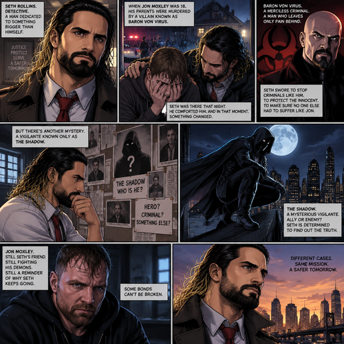 Seth Rollins is a detective. He and Jon Moxley had been friends for years. When Jon was 18 years old His parents were murdered by a villain known as Baron Von Virus. Seth comforted him that night. Ever since then Seth dedicated himself to stopping criminals like Baron Von virus and protecting the innocent. He was also trying to figure out the identity of a mysterious Vigilante known as the shadow