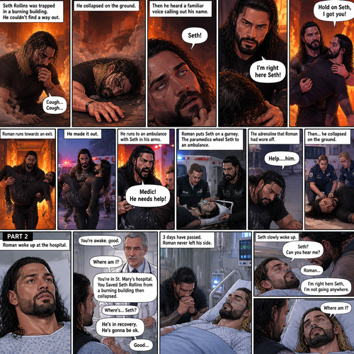 (Recap) Seth Rollins was trapped in a burning building,he couldn’t find a way out,he coughed because of the smoke,he collapsed on the ground,then he heard a familiar voice calling out his name,He opened his eyes,it was Roman Reigns,Seth weakly called out Roman’s name,Roman Rushed over to Seth,”I’m right here Seth” said Roman,he lifted Seth in his arms,”Hold on Seth,I got you” Roman said to Seth”,Roman runs towards an exit,he made it out,He runs to an ambulance with Seth in his arms,”Medic! He needs help!” Roman yelled,he puts Seth on a gurney,the paramedics wheel Seth to an ambulance,the adrenaline that Roman had wore off,”Help….him” said Roman,then….he collapsed on the ground,another team of paramedics rushed to Roman. (And now part 2). Roman woke up at the hospital. A doctor walked in. “You’re awake,good” said the doctor. “Where am I?” Roman asked. “You’re in st. Mary’s hospital,You Saved Seth Rollins from a burning building then collapsed” said the doctor. “Where’s…Seth?” Roman asked. “He’s in recovery,He’s gonna be ok” said the doctor. Roman was relieved. 3 days have passed,Seth was still unconscious at the hospital. Roman never left his side. Seth slowly woke up. “Seth? Can you hear me?” Roman asked softly. Seth spoke weakly “Roman”. Roman gently held Seth’s hand. “I’m right here Seth,I’m not going anywhere” Roman said softly. “Where am I?” Seth asked weakly