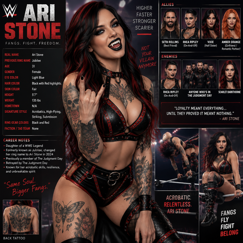 WWE wrestler info card Ari Stone

Gender:F
Age:31
Eye Color:Light Blue
Hair Color:Black with Red highlights
Skin Color:Fair
Tattoos:One on the chest,One on each arm,One on each Leg,One on her back
Ring gear Color:Black and Red
Tag Team/Faction:None
Allies:Seth Rollins (Best friend), Rhea Ripley (On-And-Off), Vixie (Half Sister), Amber Orange (Girlfriend/Romantic Partner)
Enemies:Rhea Ripley (On-And-Off) Anyone who’s in the judgement day, Scarlet Darkthorne
Additional details: Her father was a WWE legend. She used to be called Jubilee but decided to change her ring name in 2024. She used to be part of the judgement day but got betrayed by them,Black lipstick on the lips,Black nail polish on her nails,Fake vampire fangs on her teeth,She has acrobatic skills