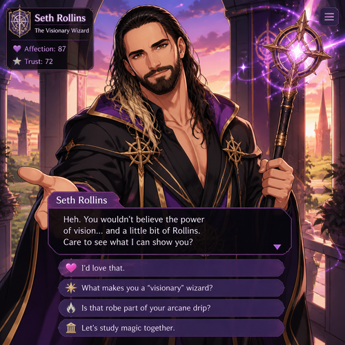 WWE superstar Seth Rollins as a Wizard in a dating sim game