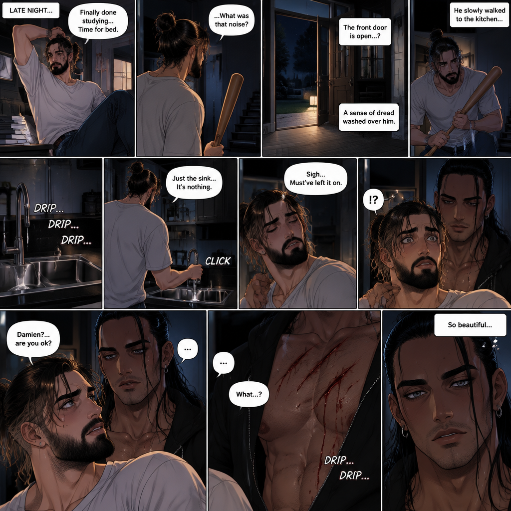 (Recap) Seth Rollins (College student) Arrives at math class and sits at his usual desk,Damien Priest (The bad boy) arrives as well,He sits on the desk next to Seth,Seth was focusing on the math lesson…Damien wasn’t,He was only focusing on Seth like he was the most beautiful angel he’s ever seen,”So beautiful” Damien thought in his mind,After class ended Seth was at his locker when suddenly Damien appeared behind him startling Seth. (And now part 2). It was late at night,Seth just finished studying in his college house. He was about to turn in for the night….Then he heard a noise coming from downstairs. He grabbed a bat and slowly walked downstairs…the front door was open. A sense of dread washed over him. The slowly walked to the door and closed it,Then he heard a dripping sound coming from the kitchen. He slowly walked to the kitchen to investigate,there was nothing there…just the sound of dripping water in the sink,He sighed and walked to the sink and turned the faucet off. He turned around….And got spooked….Damien was standing right behind him. Damien was staring right at Seth with a blank expression on his face. “Damien?…are you ok?” Seth asked. Damien didn’t say anything…he just kept staring. There was a dripping sound again…but this time…it was coming from Damien. Seth looked at Damien’s chest….there were scratches on it