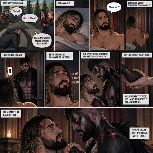(Recap). Seth Rollins was camping with a group of friends,A mysterious creature (Finn Bálor) was watching him,at midnight Seth and the group were sleeping in their tents,The mysterious creature slowly walked towards Seth’s tent,he unzipped the tent,He quietly crawled into Seth’s tent,then he looked at Seth who was still sleeping,He gently caressed Seth’s cheek,Seth hummed softly in his sleep,the mysterious creature lifted the sleeping Seth in his arms,”I finally got you…my bride” the mysterious creature whispered,Then he quietly walked out of Seth’s tent while holding the sleeping Seth,then teleported away. (And now part 2). The next morning,Seth’s group woke up and noticed Seth was gone. They looked for him. Meanwhile,Seth was asleep in some sort of bed. Then he woke up. He was confused. “Where am I?” Seth asked himself. He was in some sort of bedroom. He got up and slowly walked towards the door,Before he touched the door handle…the door opened…the mysterious creature was standing there. Seth’s eyes widened. He stumbled backwards in fear. The mysterious creature walked closer to Seth. He reached towards Seth. Seth’s heart was pounding with fear. He thought the mysterious creature was gonna a hurt him….But….he didn’t…he just gently took his hand and gently pulled him up. They stared at each other. Seth’s heart still pounding with fear