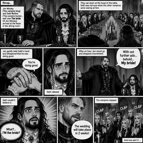 (Recap)Jon Moxley (The vampire king) and Seth Rollins (The vampire hunter…well now The bride Of Jon Moxley) arrived at the feast in the dining room,They sat down at the head of the table,Seth was nervous when the other vampires were staring at him,Jon gently held Seth’s hand and whispered that he was doing good,Seth relaxed,after an hour Jon stood up and dropped a bombshell,”With out further ado…behold…My bride!” Jon said while gesturing to Seth,Seth was shocked. (And now part 5). Seth couldn’t believe it. “What?…I’M the bride?” Seth said in his mind. “The wedding will take place in 2 weeks!” Jon announced. The vampires clapped