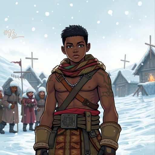16 year old African kid. Whom is the leader of the snow village. Scars all over his body from war battles full body attire