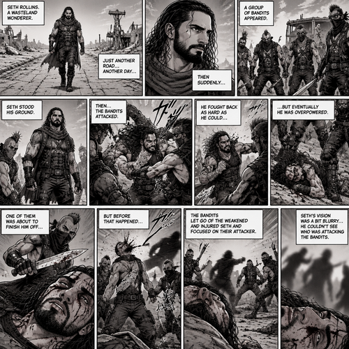 Seth Rollins is a wasteland wonderer,He was just walking down the road. Then suddenly….A group of bandits appeared. Seth stood his ground. Then….the bandits attacked and Seth fought back. He fought back as hard as he could…but eventually he was overpowered. The bandits beat him up really badly. One of them was about to finish him off…but before that happened…..One of the bandits got attacked. The bandits let go of the weakened and Injured Seth and focused on their attacker. Seth’s vision was a bit blurry,he couldn’t see who was attacking the bandits