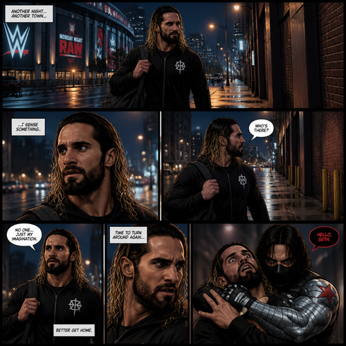 Seth Rollins walking home from the arena alone.Then…he sensed a presence behind him…He turned around…but no one was there.He was about to turn around again…Then he was grabbed from behind…It was the winter soldier