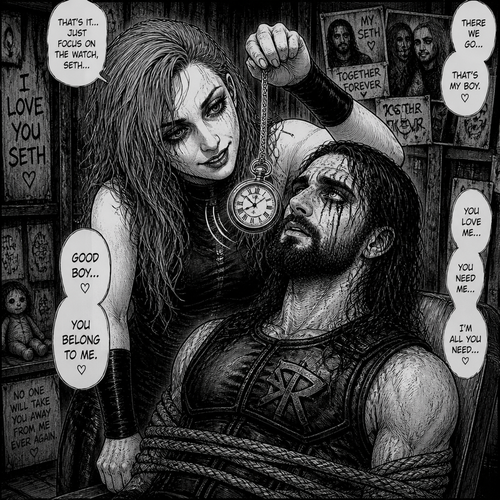 Becky Lynch obsessed with Seth Rollins so she kidnapped him.She takes out a pocket watch and swings it side to side in front of Seth to hypnotize him into loving her