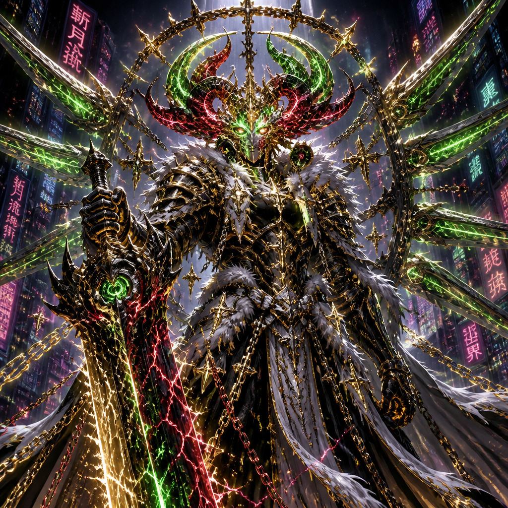 The resulting figure is breathtakingly terrifying-a being of absolute synthesis. It wears armor of black stone veined with gold, a cloak of white fur trailing behind, and a halo of burning chains hovering above its head. Its helmet/hollow mask is now clear: he wears a helm made of polished gold bone and Molten Crimson red iron, interlocked chains pulsing with Molten crimson red veins with screaming skulls all round the helm gaps filled with neon green hollow mask shards, tords the front is a hollow mask where a face should be ,hollow mask color is a mix of gold Neon Green Molten Crimson red, hollow mask is composed of gold Quincy cross neon green hollow bone Molten Crimson red hell-knight chains, intricate gold Quincy cross reaching to the edges, thick Molten Crimson red hell-knight chains stabbed through the eyes beaching off into padderns on the mask the rest of the mask is neon green hollow bone, the horns are made of neon green hollow bone and hell-knight Molten Crimson red iron, interlocked, horns curve back go to the side and forward then up, refined, amplified, and devoid of any doubt. Its eyes glow with a tricolor swirl of gold, green, and crimson.
Physical Form
Stature: The entity stands nearly eight feet tall, possessing a physique that blends the lean, predatory grace of a Vasto Lorde with the broad, immovable solidity of a Hell-Knight. Its muscles are defined not by flesh alone, but by shifting layers of reishi that look like carved marble overlaid with white fur.
Skin & Texture: Its skin is a living canvas. Patches of porcelain-white Quincy skin transition seamlessly into snow-white Hollow fur, which then hardens into matte-black Hellstone armor at the joints and chest. The transitions are not jagged scars but fluid gradients, as if the materials were molten and fused together perfectly.
The Veins: Running across its entire body is a network of pulsing veins. They do not carry blood. Instead, they flow with liquid light that changes color based on the entity's intent:
Gold when calculating or preparing an attack.
Neon Green when sensing hunger or prey.
Molten Crimson when exerting raw power or defense.
The Face of Perfection
Features: wheres are polished gold and black iron a full hollow mask made of is sharp enough to cut glass, and the expression is one of serene, terrifying confidence.
The Eyes: It has no pupils or irises in the traditional sense. Instead, each eye is a swirling galaxy containing all three energies. The left eye spins with golden geometric rings (Quincy), while the right eye burns with a green, slit-pupiled flame (Hollow). Overlaid on both is a faint, crimson chain-link pattern that binds the visions together (Hell).
The Crown: Floating just above its head, not touching it, is a halo of broken chains. These are not rusted like the ones on the separate Hell aspect; they are polished gold and black iron, interlocked in an impossible Möbius strip that rotates slowly. Small sparks of white reishi jump between the links.
Attire & Ornamentation
The Robe-Armor: It wears a garment that defies classification. It appears to be a Shihakushō robe made of woven starlight (Quincy), but the fabric is heavy and armored like plate mail (Hell). The sleeves are tattered, revealing claws tipped with white bone (Hollow).
The Sash: A wide sash of pure white fur wraps around the waist, tied with a knot made of solidified shadow. From this sash hang dozens of small, floating Quincy crosses that rotate like gears.
The Wings: Sprouting from its back are not feathered wings, nor bat-like membranes. They are six massive constructs of energy. Each "wing" is a blade of solidified light, edged with black stone and dripping with green mist. They fold and unfold mechanically, like the wings of a divine insect or a celestial machine.
The full Weapon: Novadroxsia (Inner World Form)
In its hand, it holds the true form of the blade you wield outside:
Blade: A massive greatsword that is wider than a man is tall. The edge is not straight; it ripples like heat haze. One side of the blade glows with blinding gold light (cutting through spiritual pressure), while the other side is a void of absolute blackness (consuming anything it touches).
Guard: The handguard is a cage of interlocking chains that spin independently of the blade. Inside the cage floats a miniature, screaming skull made of green fire.
Hilt: Wrapped in white fur that feels soft to the eye but is harder than steel. The pommel is a large, faceted gemstone containing a swirling storm of red, gold, and green.
The Aura
The presence of the Absolute Synthesis is overwhelming.
Visual Distortion: The space around the entity bends. Light curves toward it, then is repelled. Colors seem to drain from the surroundings only to be reflected more vibrantly off the entity itself.
Sound: It does not speak with a mouth alone; its voice resonates directly in the mind. It sounds like a choir singing a single note, underpinned by the roar of a beast and the grinding of tectonic plates.
Feeling: To stand near it is to feel simultaneously judged (Quincy), hunted (Hollow), and condemned (Hell), yet also strangely protected. It is the embodiment of total dominion.