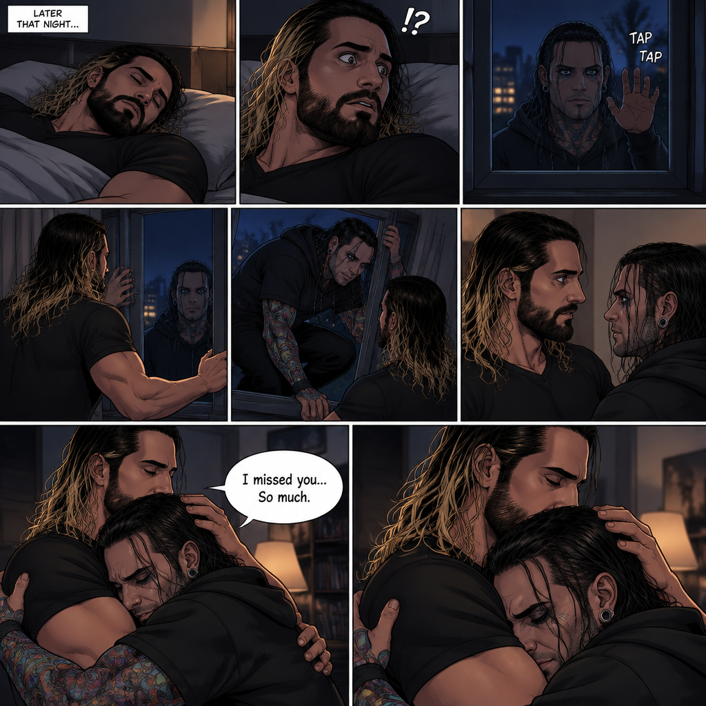 (Part 3) It’s nighttime,Seth Rollins (Psychiatrist) was asleep in his bed,Then…He heard a tap on his window,It was Jeff Hardy his old patient. Seth was shocked and ran to his window. He opened the window to let Jeff in. Jeff didn’t say anything….He just hugged Seth. “I missed you…So much” Jeff said softly