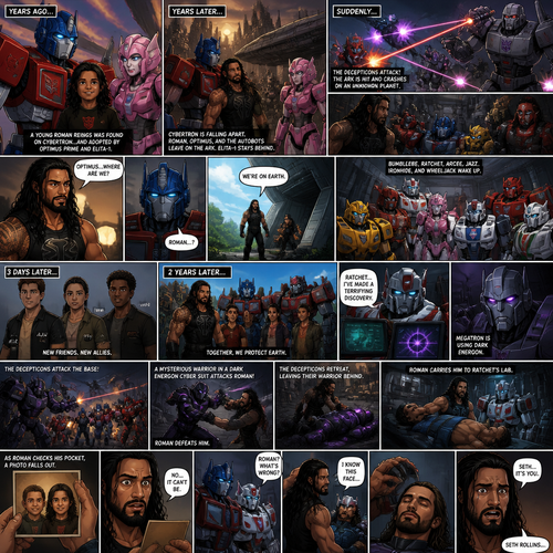 WWE Superstar Roman Reigns ends up on Cybertron as a child and ended up adopted by Optimus Prime and Elita-1.Years later Cybertron is falling apart,Elita-One stays behind while Roman,Optimus Prime and the other Autobots leave on the ark after an emotional goodbye.Then suddenly they get attacked by Megatron and the Decepticons.Then The Deceptions shoot the ark’s wing and Roman and Optimus and the other Autobots crash land on another planet.After A while Roman wake up and looks around and sees Optimus and the Autobots unconscious.Roman opens the Arks hatch and sees…That he’s on the one planet that he thought he would never return to…His home planet..Earth.Then Optimus wakes up.Roman explains to him that they’re on earth,Then bumblebee,Ratchet,Arcee,Jazz,Ironhide and wheel jack wakes up.Timeskip to 3 days later.They meet Three humans,Thier names are Jack,Miko and Raph.Timeskip to 2 years later.Roman and Optimus and the Autobots have been working along side Jack,Miko and Raph to protect earth from the Decepticons.Then Ratchet made a terrifying discovery…Megatron is using Dark energon.Then the base alarm went off.The Decepticons have found the Autobot base and were attacking them.Then a mysterious creature in a dark energon cyber suit attacks Roman.Roman manages to defeat him.The Decepticons realize they’re overwhelmed by the Autobots they retreat leaving the mysterious creature behind.Roman Carries the unconscious creature to Ratchet’s lab.As he puts him on the table an old picture falls out of his pocket.While ratchet Straps the unconscious mysterious creature to the table Roman looks at the photo.There’s two young boy on it,As Roman looked closely at the photo….He realizes that it’s him with a friend of his as kids, “No….It can’t be” said Roman. Optimus and Ratchet Noticed the look on his face, “Roman? What’s Wrong?” Asked Optimus. But Roman didn’t answer.He walked to the unconscious man,He takes off the Helmet…and sure enough…It was Seth Rollins (Roman and Seth are childhood friends in this story).Roman was shocked
