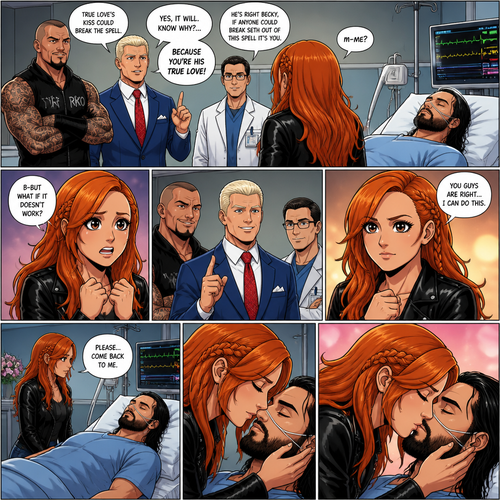 Part 3 of the Enchanted apple story.Seth Rollins is still unconscious at the hospital.Randy Orton,Cody Rhodes and the doctor were looking at Becky Lynch after Cody got the idea that true love’s kiss could break the spell. “m-me?” Asked Becky.Randy,Cody and the doctor nodded in response. “B-But what if it doesn’t work?” Asked Becky. “Yes it will,Know why?…Because you’re his true love!” Said Cody. “He’s right Becky,If anyone could Break Seth out of this spell it’s you” Said Randy.She looks at Seth’s sleeping face.She nodded to her self. “You guys are right…I can do this” said Becky.She took a deep breath,Walked to Seth and leaned forward to him. “Please…come back to me” Becky said quietly,Then…she gently kissed him