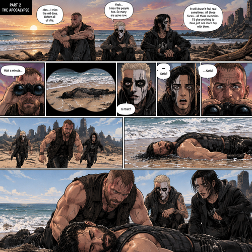 Part 2 of the apocalypse story.Jon Moxley,Darby Allin and Steven Borden (Sting’s son) were on a beach reminiscing about the time before the apocalypse and the people they missed.Then they noticed an unconscious person washed up on shore.Then They made a realization. “Wait a minute” said Darby. “Is that?” Asked Steven. Jon slowly lowered his binoculars,Eyes widened in shock.He couldn’t believe it. “….Seth?” Said Jon. That’s right! It was Seth Rollins!. Jon runs over to him,With Darby and Steven following behind.Jon got on his knees beside Seth