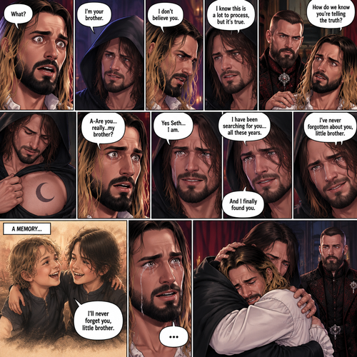 (Recap) Seth Rollins (The vampire hunter turned Bride of the vampire king) was looking at himself in the mirror reeling in the fact that he’s getting married to the vampire king next week,his heart knows that,Then he saw a mysterious figure (Aj Styles) who was standing right behind him in the reflection,Jon Moxley (The vampire king) was handling the wedding preparations,then he heard a loud crash and Seth yelling “LET ME GO!!!” In the bedroom,he used his vampire speed to rush to the bedroom,The mysterious figure tries to drag Seth out the window,Seth struggles,Jon arrives just in time and attacks the mysterious figure,after that he rushes to Seth to see if he’s ok,the mysterious figure slowly gets up,Jon is about to attack,Then the mysterious figure spoke “Wait!”,”Seth…please listen to me,Seth was confused by how the man knew his name,The mysterious figure takes off his hood and drops a bombshell “My name is Aj…I’m your brother Seth,Jon and Seth were shocked by what he said. (And now part 7). Seth was stunned. “What?” Seth asked. “I’m your brother” said Aj. Seth shook his head a little. “I don’t believe you” Said Seth. “I know this is a lot to process,but it’s true” said Aj. Jon gently pulled Seth to his side. “How do we know you’re telling the truth?” Jon asked cautiously. Aj shows his birthmark,It’s the shape of a crescent moon…just like Seth’s. Seth was stunned,All this time….he thought he was the only one with that birthmark. “A-Are you…really..my brother?” Seth asked. “Yes Seth…I am” said Aj. “I have been searching for you…all these years” Aj paused,Tears welling up in his eyes. “And I finally found you” Aj continued. Seth didn’t know what to say,Neither did Jon. “I’ve never forgotten about you,little brother” Said Aj. Something flashed in Seth’s mind…it was a memory….of himself and Aj when they were little. Aj (as a kid) had promised Seth he would never forget him. The flashback ends. Tears welled up in Seth’s eyes. Seth and Aj hugged each other. Jon just watched. (End Of part 7)