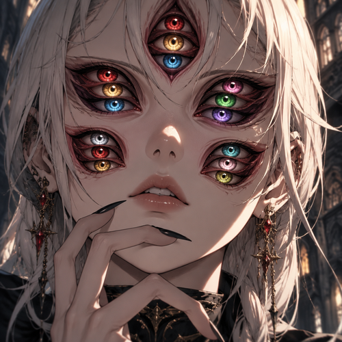 2 eye socket where they usually should be, under those are 2 more eye socket’s then has one more eye socket in the middle of forehead, every eye socket has 3 eyes in them