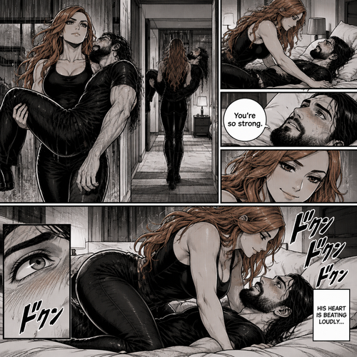 Part 3.Still is Seth Rollins’s house,Still raining outside,Becky Lynch was holding Seth Rollins in her arms,She walked to his bedroom while holding him.She gently put him down on the bed.He looked up at her while blushing. “You’re so strong” Said Seth.Becky simply smiled and got on top of him.Seth’s heart is beating loudly