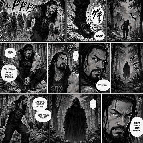 Roman Reigns is in a zombie apocalypse,He walking in the woods. He hurt his ankle while running away from a zombie horde. He’s far away from them and limping in the woods. The pain in his ankle was too much to ignore so he sat down on a rock,he sat there for a while….then….he heard distant footsteps. He looked behind him. There’s a hooded figure in the distance. He slowly stood up,he had his guard up. The hooded figure stopped walking
