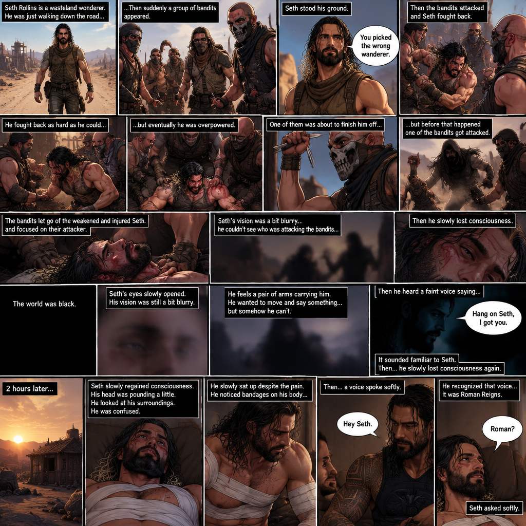 (Recap).Seth Rollins is a wasteland wonderer,He was just walking down the road,Then suddenly A group of bandits appeared,Seth stood his ground,Then the bandits attacked and Seth fought back,He fought back as hard as he could,but eventually he was overpowered,The bandits beat him up really badly,One of them was about to finish him off but before that happened One of the bandits got attacked,The bandits let go of the weakened and Injured Seth and focused on their attacker,Seth’s vision was a bit blurry,he couldn’t see who was attacking the bandits,then he slowly lost consciousness. (And now part 2). The world was black. Seth’s eyes slowly opened,His vision was still a bit blurry. He feels a pair of arms carrying him. He wanted to move and say something…but somehow he can’t. Then he heard a faint voice saying “Hang on Seth,I got you”. It sounded familiar to Seth. Then…Seth slowly lost consciousness again. 2 hours later,Seth slowly regained consciousness. His head was pounding a little. He looked at his surroundings. He was confused. He slowly sat up despite the pain. He noticed bandages on his body,Then….A voice spoke softly “Hey Seth”. He recognized that voice…it was Roman Reigns. Seth looked up. “Roman?” Seth asked softly