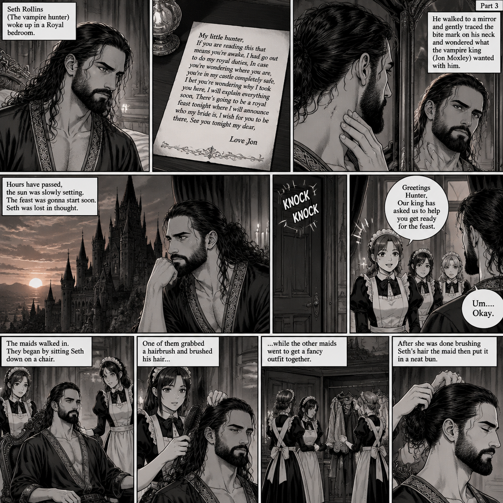 (Recap) Seth Rollins (The vampire hunter) woke up in a Royal bedroom,He finds a note on a nightstand that says “My little hunter,If you are reading this that means you’re awake,I had go out to do my royal duties,In case you’re wondering where you are,you’re in my castle completely safe,I bet you’re wondering why I took you here,I will explain everything soon,There’s going to be a royal feast tonight where I will announce who my bride is,I wish for you to be there,See you tonight my dear, Love Jon”,Then he walked to a mirror and gently traced the bite mark on his neck and wondered what the vampire king (Jon Moxley) wanted with him. (And now part 3). Hours have passed,the sun was slowly setting,The feast was gonna start soon. Seth was lost in thought,Then there was a knock on the door. He got up and opened it,The palace maids were there. “Greetings Hunter,Our king has asked us to help you get ready for the feast” said one of the maids. “Um….Okay” Said Seth. The maids walked in,They began by sitting Seth down on a chair,One of them grabbed a hairbrush and brushed his hair while the other maids went to get a fancy outfit together. After she was done brushing Seth’s hair the maid then put it in a neat bun